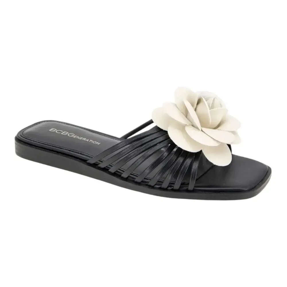 BCBGeneration Women's Masha Flower Slip On Flat Sandals Black White Size 9 1/2